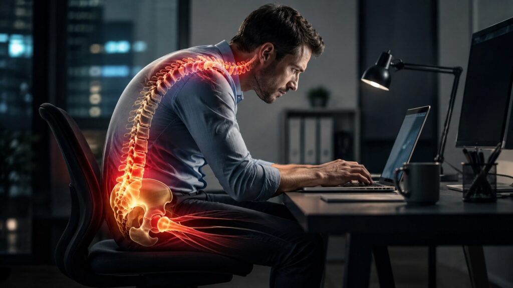 Sitting still disrupts posture in different ways. Photo.