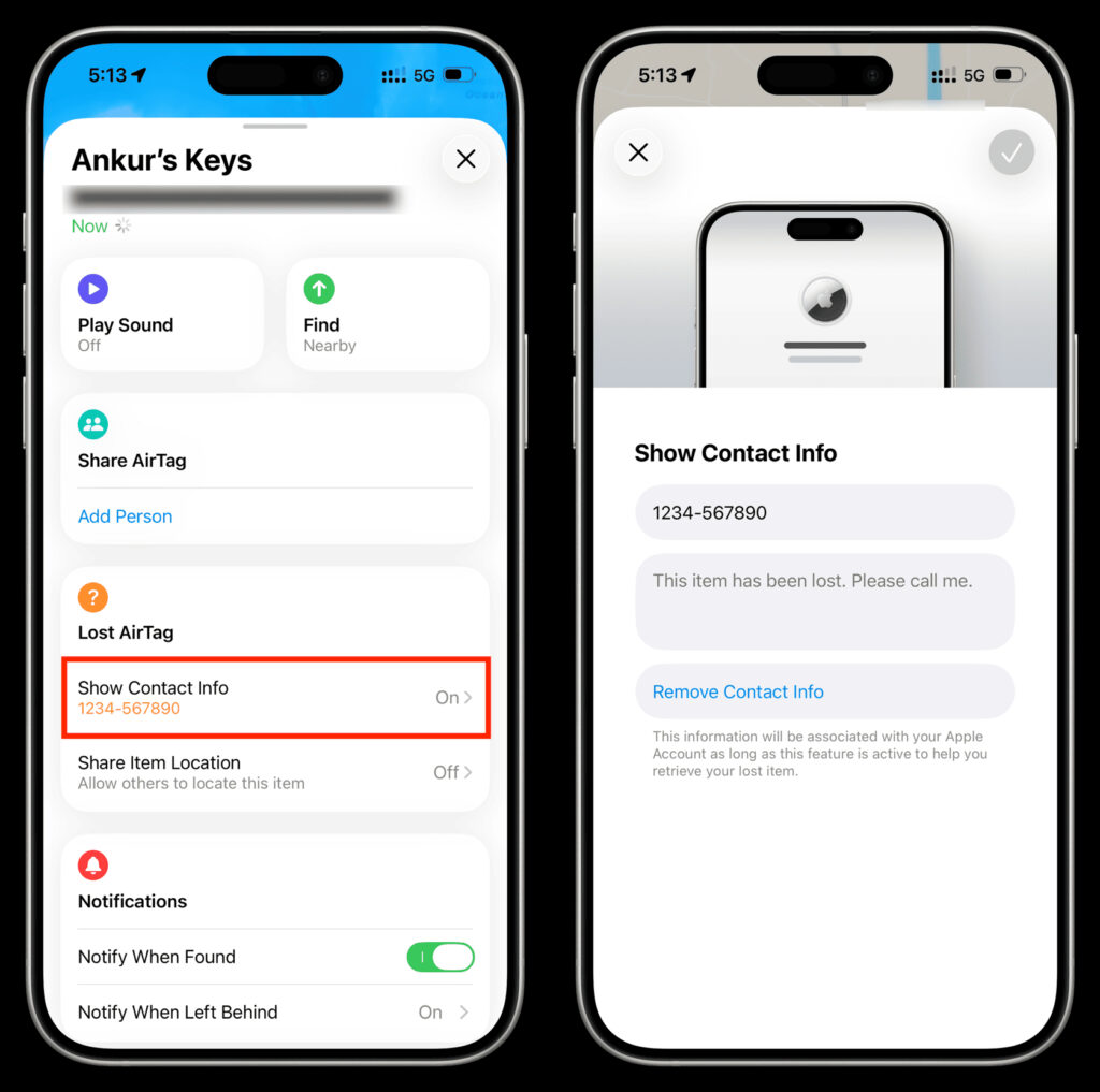 How to change or remove AirTag contact details. The owner's contact details can be changed if needed. Photo.