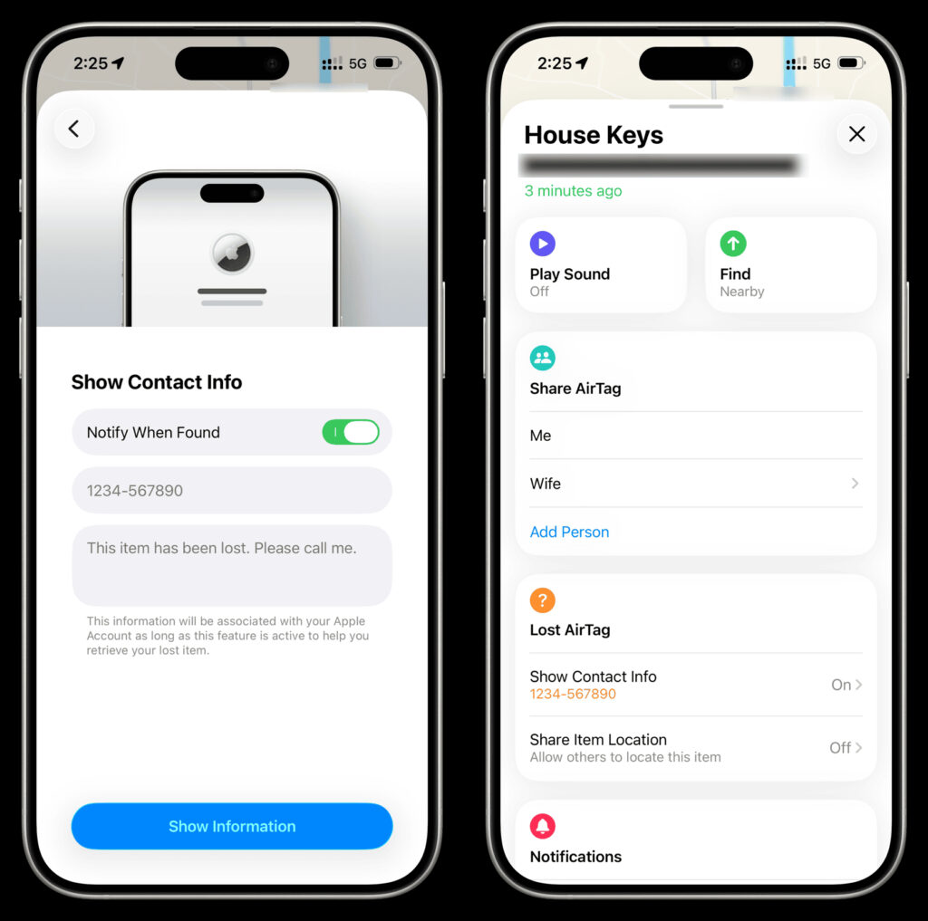 How to enable Lost Mode on AirTag through the Find My app. The contact will be linked to your AirTag. Photo.