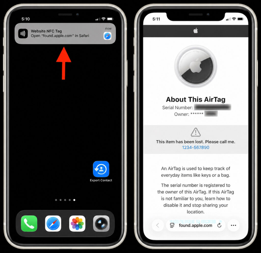 How to find the AirTag owner via NFC on iPhone and Android. The smartphone will read the AirTag and show all the owner's details. Photo.