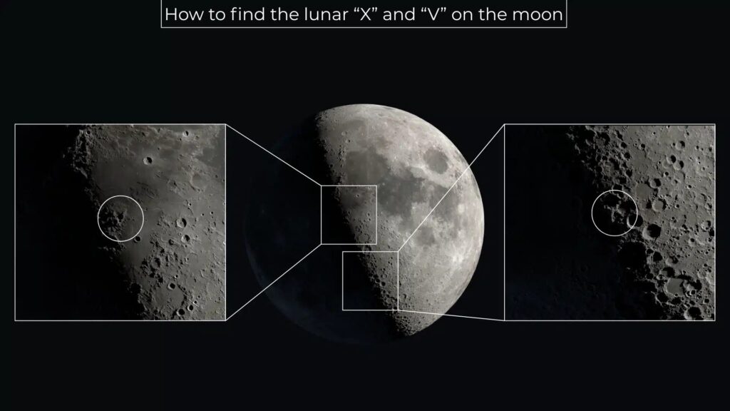 X and V symbols on the Moon. Photo.