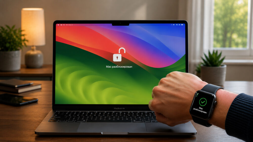 Unlocking Mac with a watch is much faster than reaching for Touch ID. Photo.
