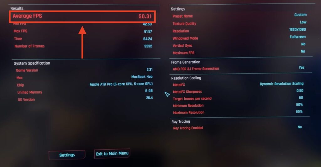 Does the MacBook Neo need improved cooling. The cooling also affected gaming. Cyberpunk averaged 50 FPS. Photo.