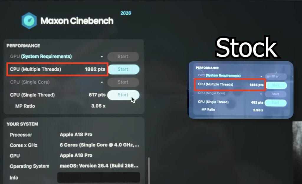 Does the MacBook Neo need improved cooling. The result was improved benchmark scores because the system doesn't reduce performance due to overheating. Photo.