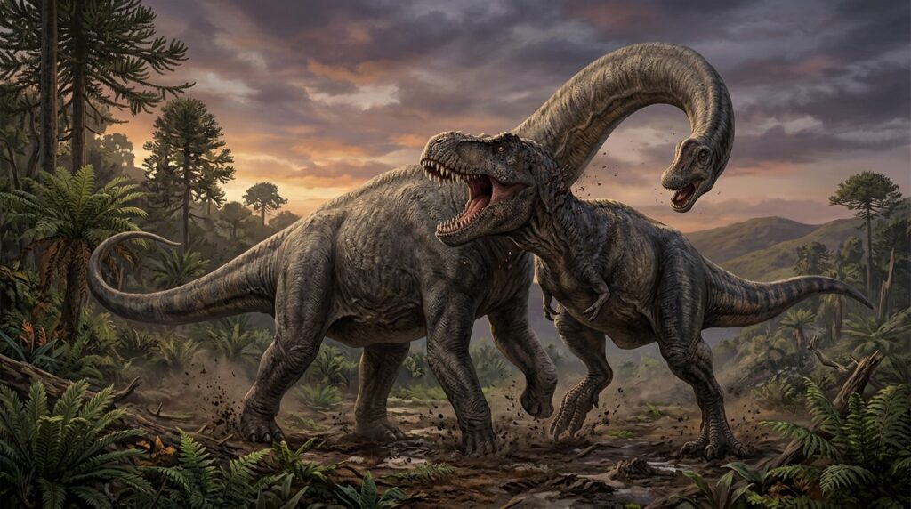 A Tyrannosaurus attacks large prey — powerful jaws were far more useful than tiny arms