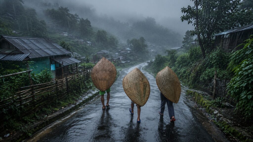 Residents of Mawsynram village wearing rain capes. Photo.