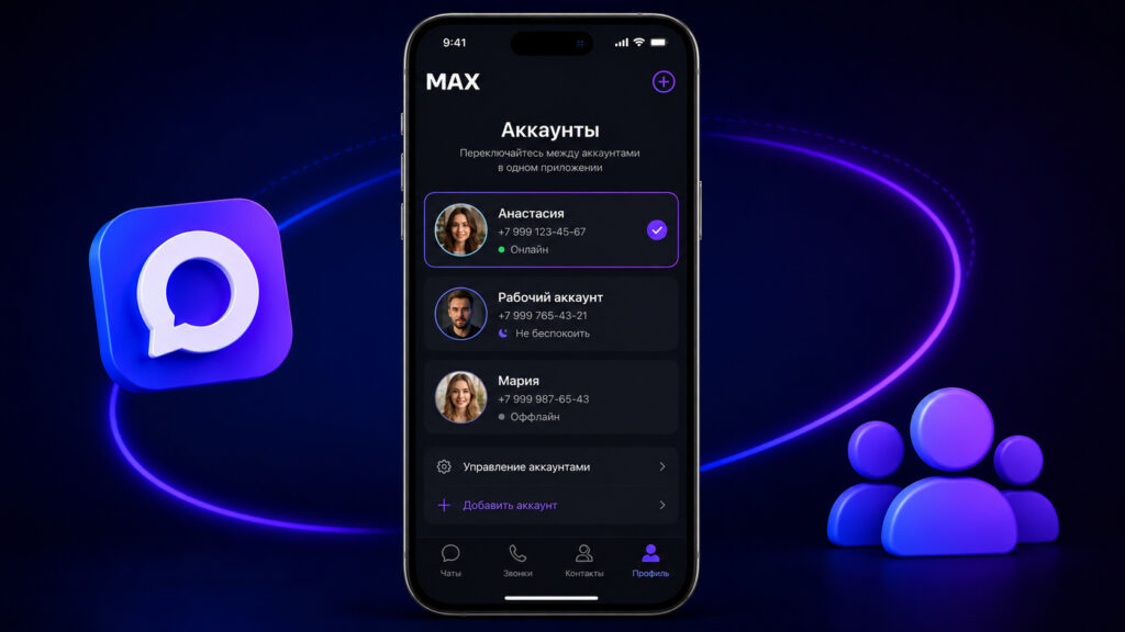 Business accounts and multi-account in MAX messenger. Users will be able to switch between different accounts within one app. Photo.