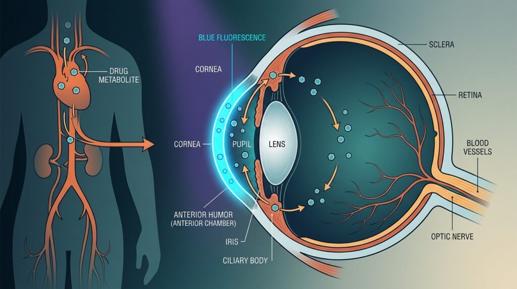 Drug metabolites penetrate intraocular fluid and give the cornea a blue tint