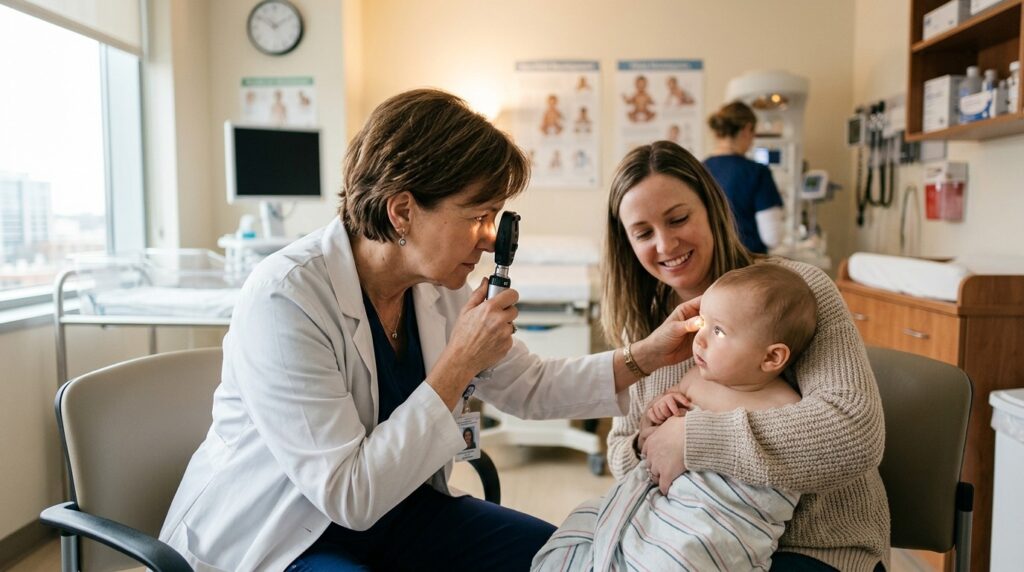 Doctor examining baby's eyes at the hospital