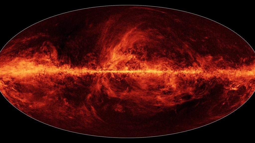 A map of the Milky Way obtained from ESA's Planck satellite. The horizontal disk of the Milky Way contains traces of previous galaxy mergers. Photo.