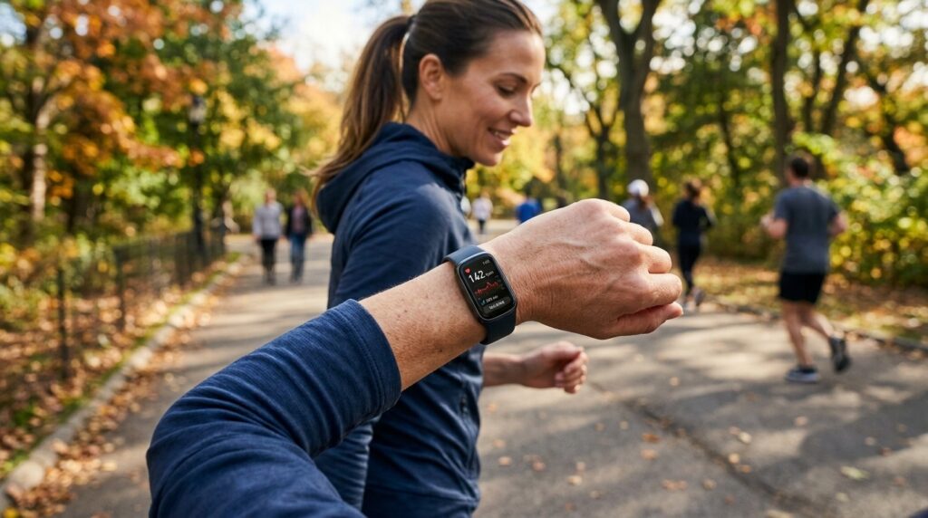 A fitness tracker helps monitor heart rate and step count