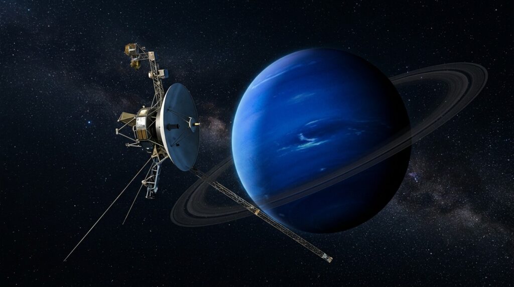 Voyager 2 approaches Neptune (AI-generated). Photo.