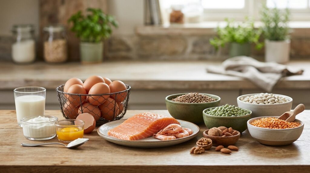Protein-rich foods: fish, eggs, dairy products, and legumes