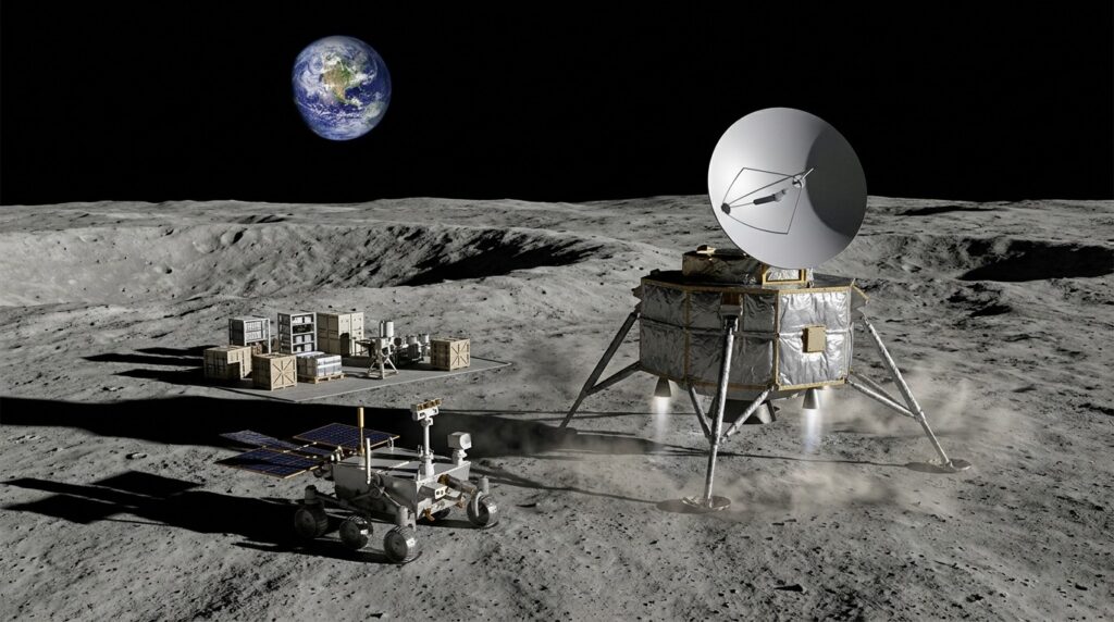 A landing module delivers equipment to the lunar surface
