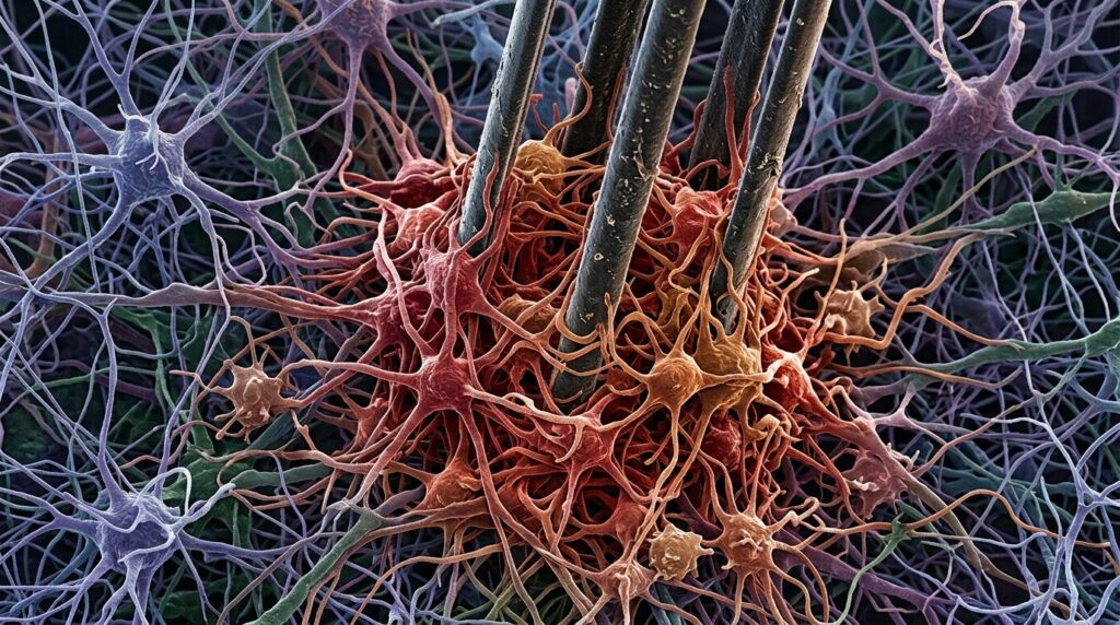 Glial cells forming a scar around an electrode in brain tissue. Photo.