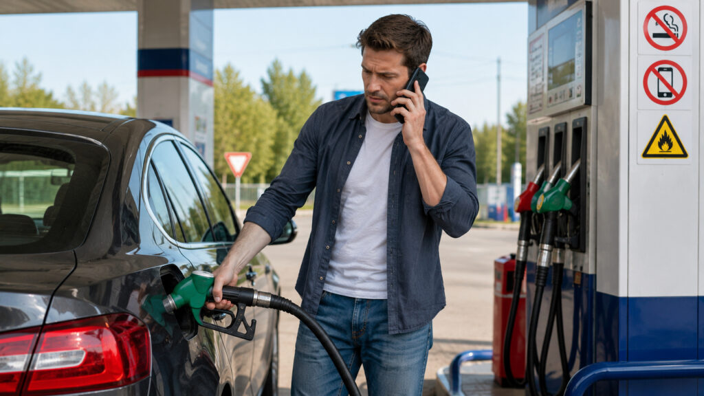 New gas station rules for drivers starting June 1. Chatting while standing next to the gas tank is no longer allowed. Photo.