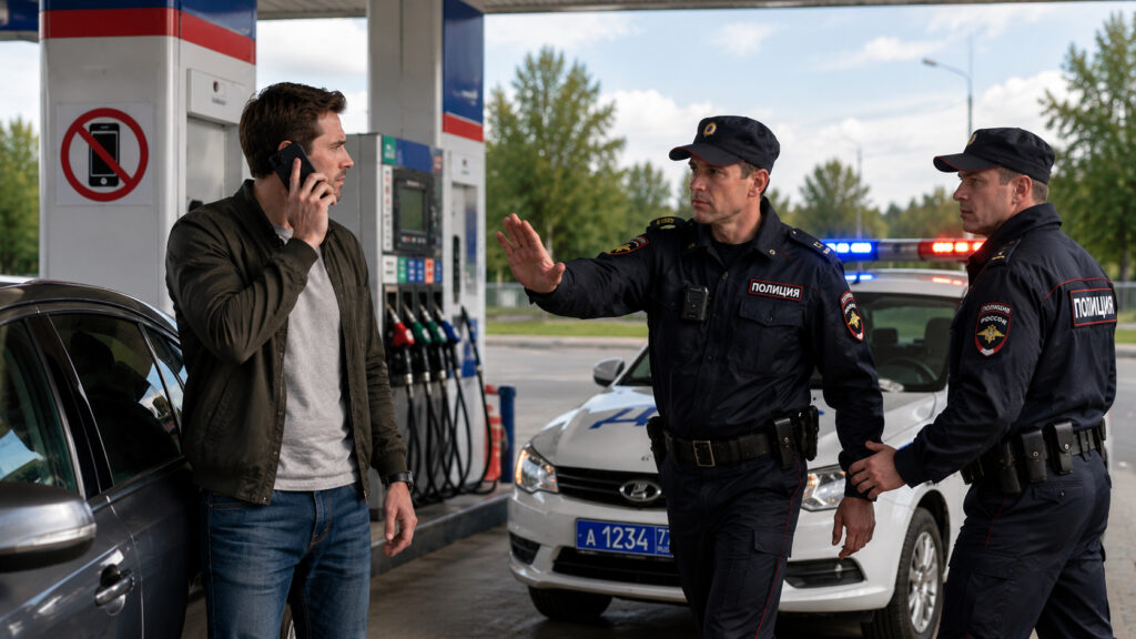 Now an attempt to talk on the phone at a gas station could lead to the police being called. Photo.