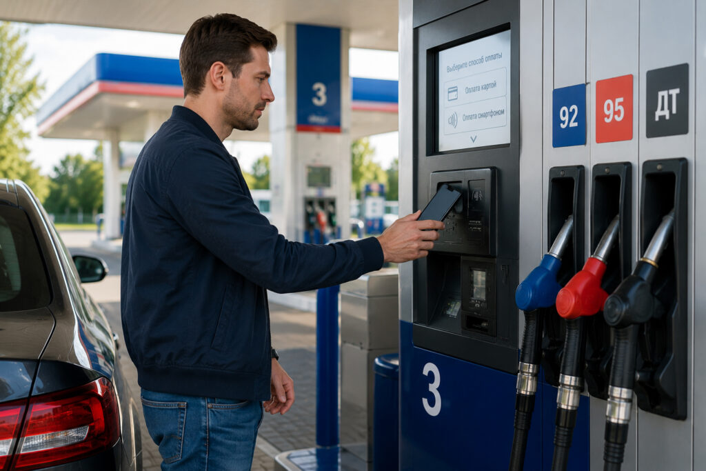 How to pay with your smartphone at gas stations now. The funniest part is that paying with your smartphone is still allowed. Photo.