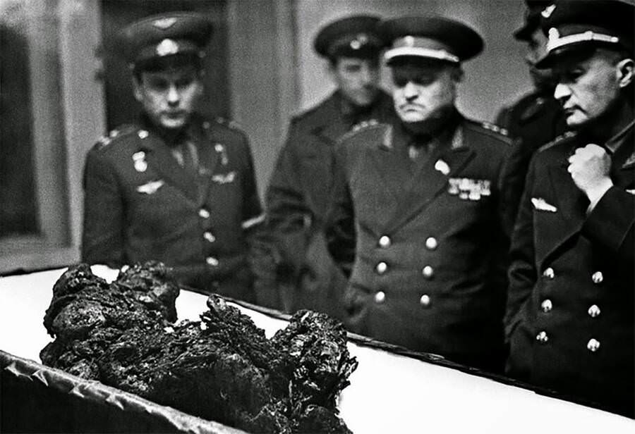 What remained of the descent module and Vladimir Komarov after the impact and fire. Photo.