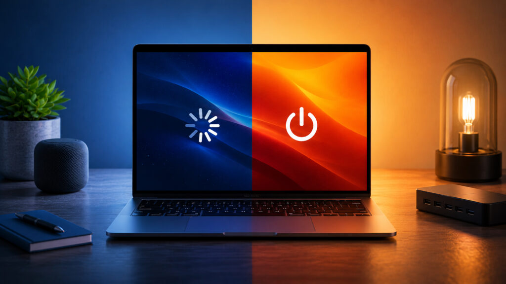 Finding out what's better for Mac: a regular restart or shutting down/turning on. Photo.