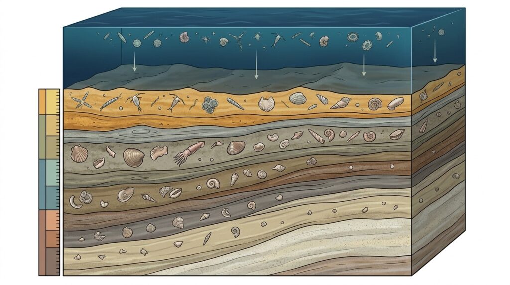 Layers of sedimentary rocks on the floor of an ancient ocean, where oil forms. Photo.
