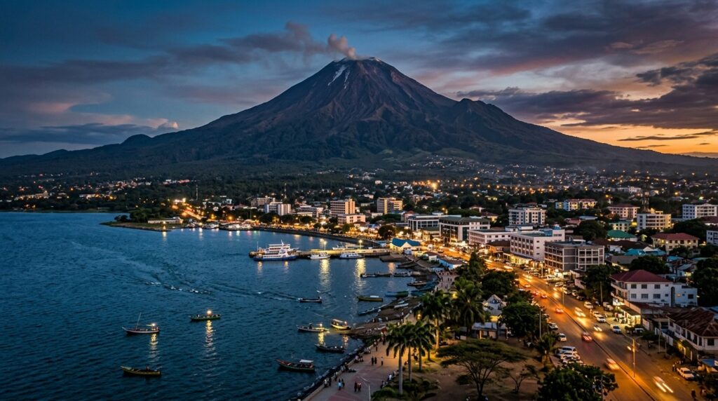 The Nyiragongo volcano looms over the city of Goma on the shore of Lake Kivu. Photo.