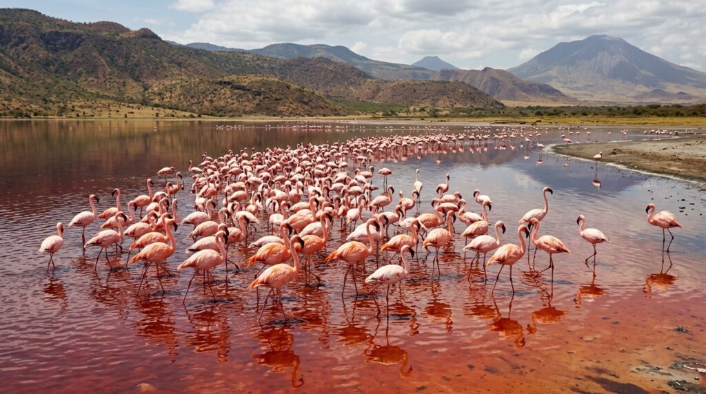 Flamingos in the shallows of Lake Natron. Photo.