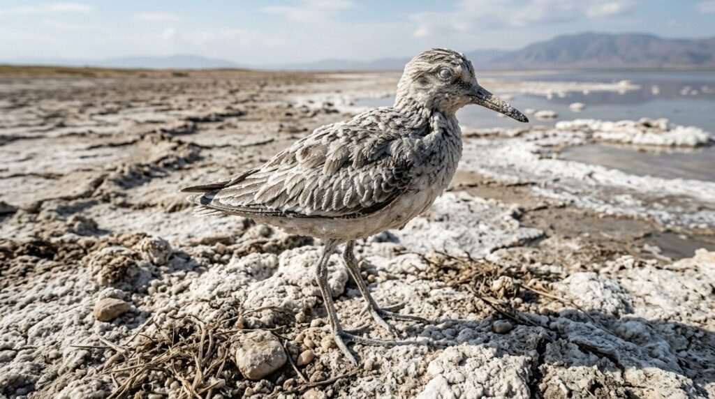 A mummified bird on the shore of Lake Natron, covered in mineral deposits, image generated by neural network. Photo.