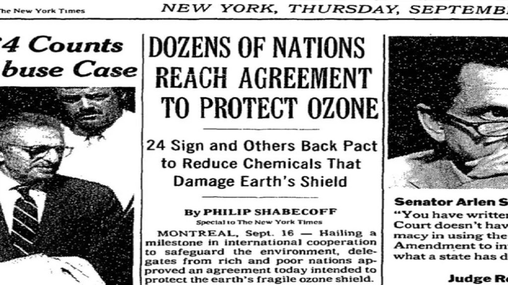 A newspaper article about countries' readiness to protect the ozone layer. Photo.