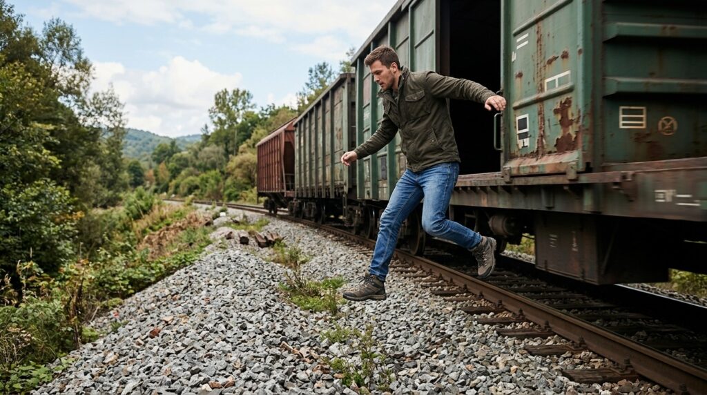 Jumping from a train: physics recommends one thing, but the body suggests another. Photo.