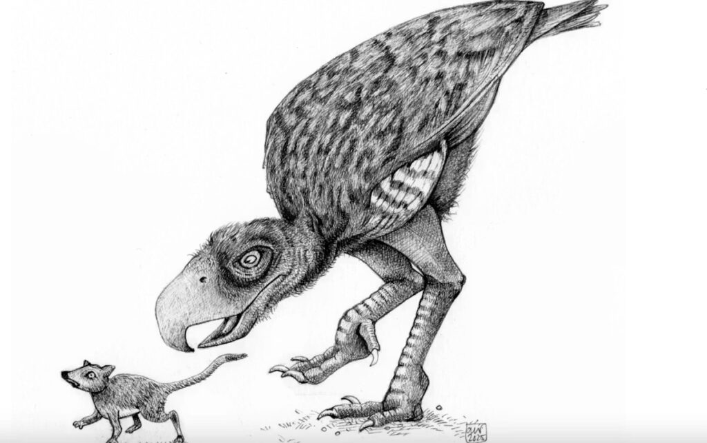 Phorusrhacid (Phorusrhacidae) — once the largest predator in South America. They were taller than a human, with a horse-sized head and a massive hooked beak. Photo.