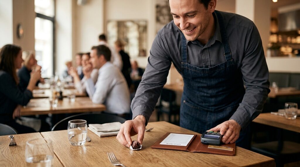 A waiter places a candy next to the check