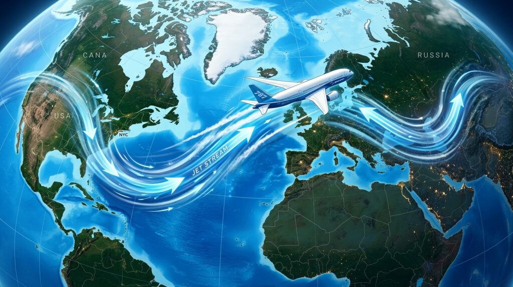 Jet streams blow from west to east and affect airplane routes