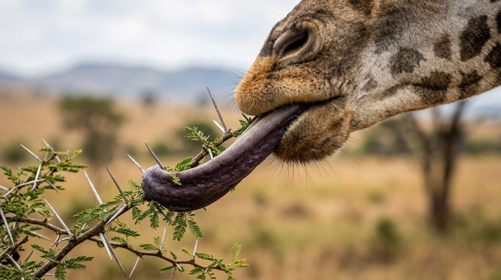Scientists still cannot agree on why giraffes have a dark tongue. Photo.