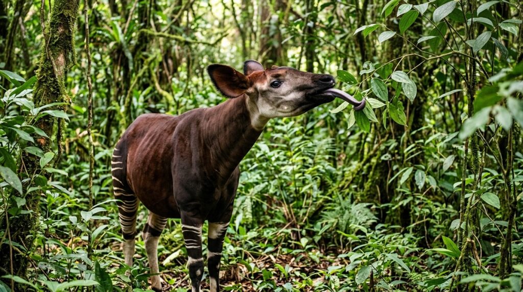 An okapi in a tropical forest — its tongue is just as dark as a giraffe's. Photo.
