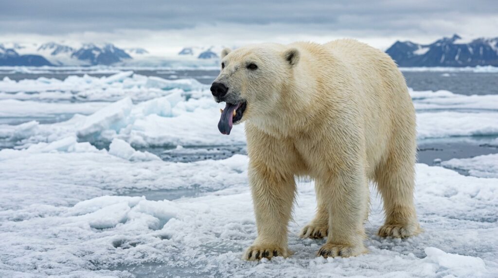 An adult polar bear's tongue gradually darkens with age. Photo.