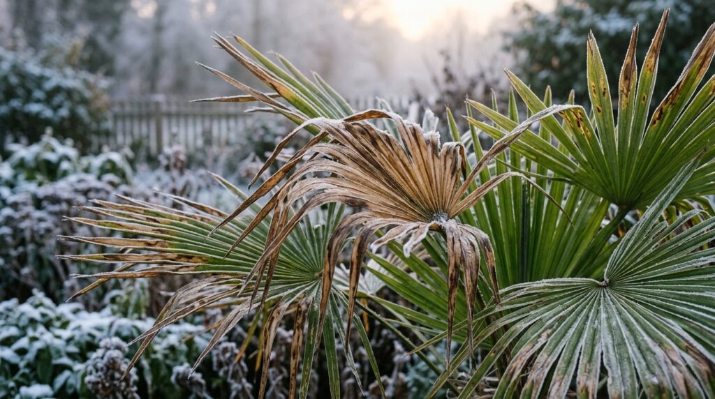 After a severe frost, a palm's leaves turn brown, and the plant often cannot recover