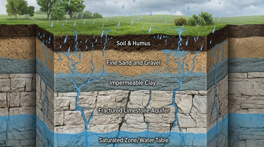 Water passes through layers of soil and rock, absorbing minerals
