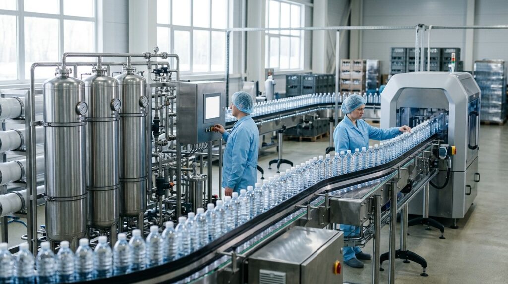 A modern water bottling plant with a filtration system