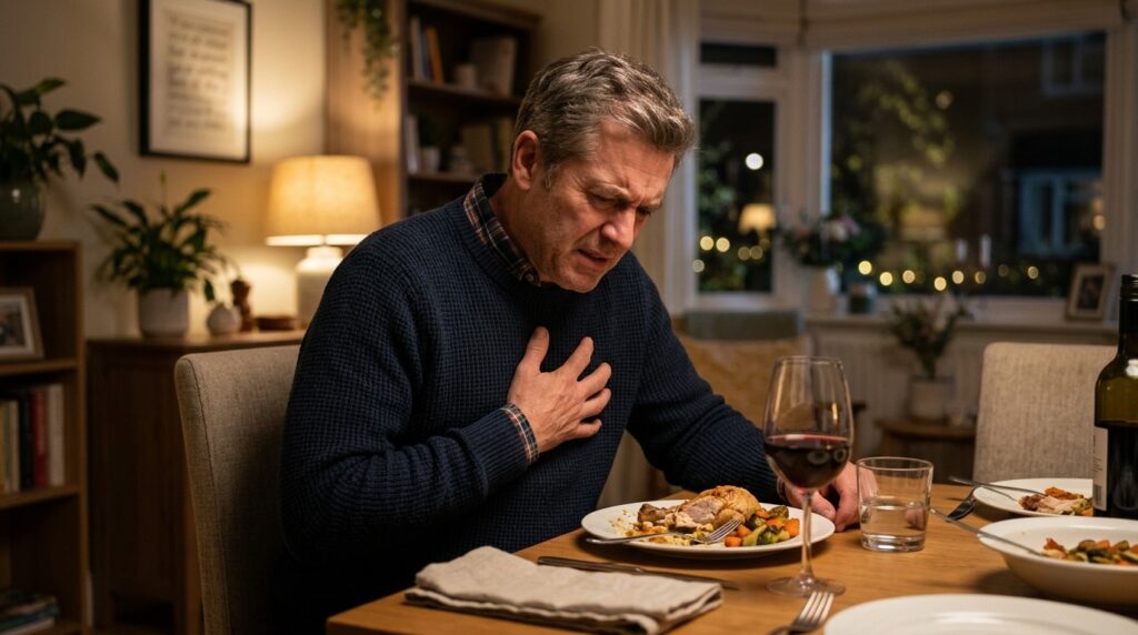 Heartburn often appears after a late or heavy dinner. Photo.