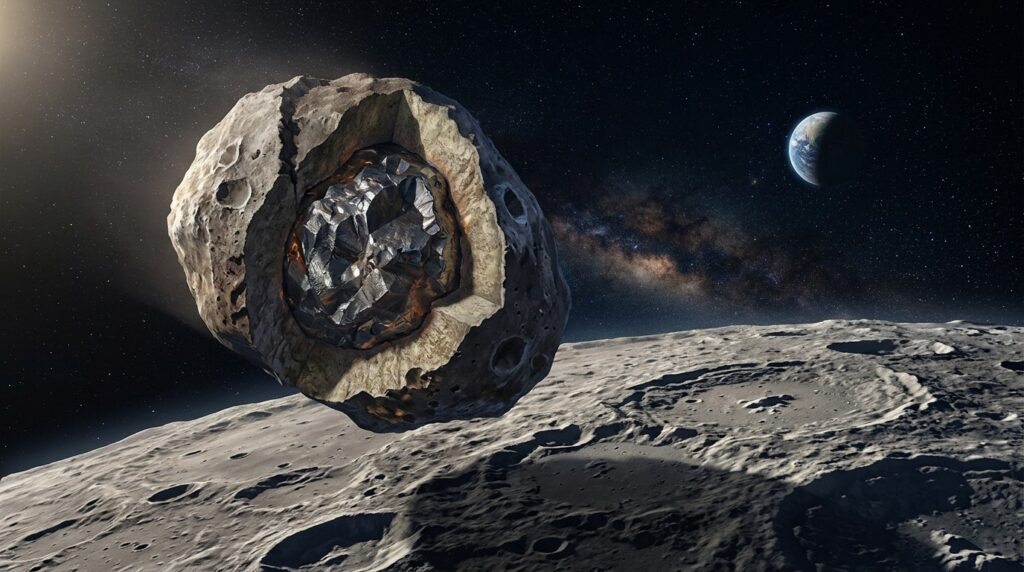 A giant asteroid with a metallic core approaches the Moon at a low angle. Photo.