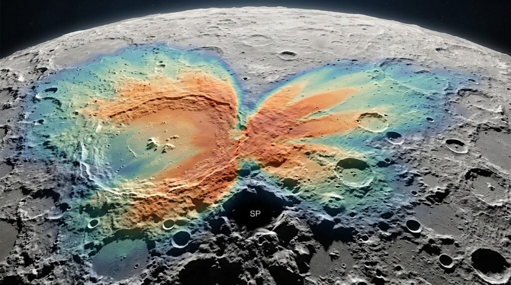 Diagram of mantle ejecta distribution around the giant crater, showing the characteristic 'butterfly' pattern. Photo.