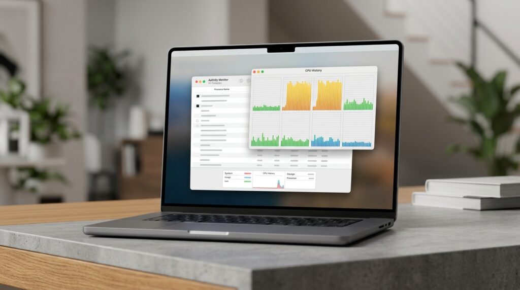 CPU monitoring: the two performance cores handle the main load