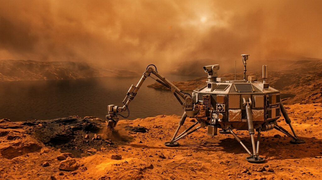 Concept of a landing module on Titan's surface near a methane lake. Photo.