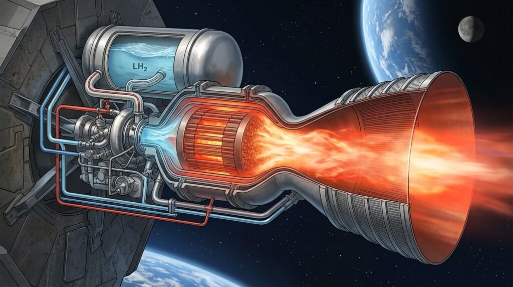 Diagram of a nuclear thermal rocket engine: the reactor heats hydrogen, creating thrust. Photo.