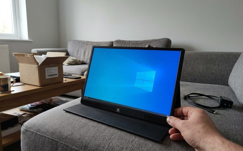13.5-inch portable monitor with high resolution. A slightly larger display. If connected to a MacBook Air 13, you'll get two identical displays. Photo.