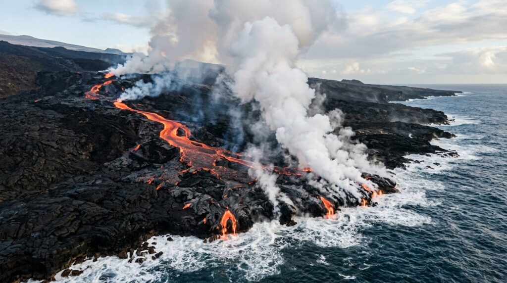 Fresh lava cools at the ocean shore — this is how the youngest rocks on Earth are born. Photo.