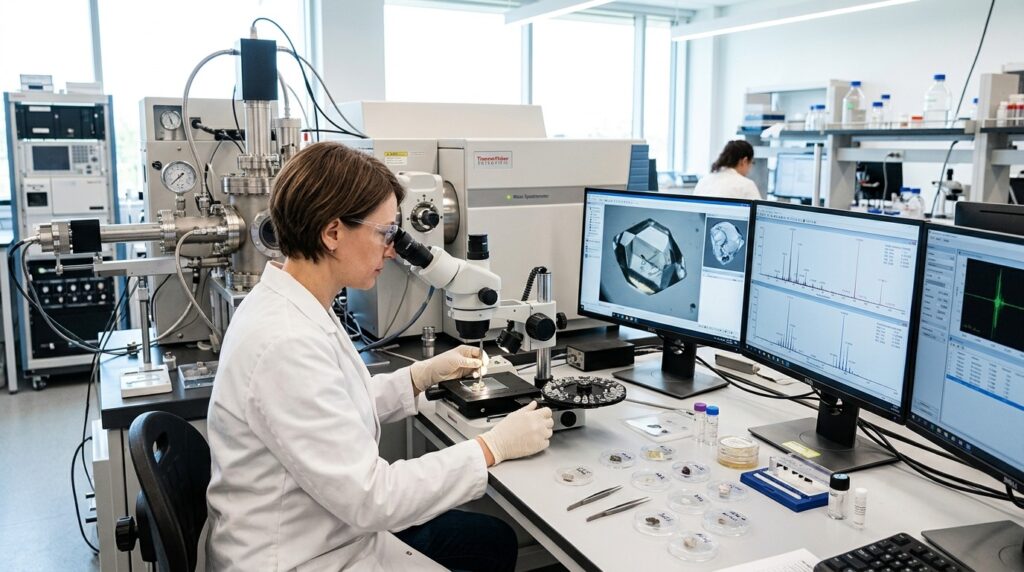 A scientist analyzes a mineral in a laboratory using a mass spectrometer. Photo.