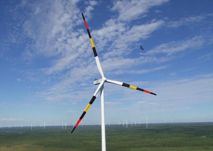 New biomimetic pattern for wind generator blades — red-black-yellow stripes. Photo.