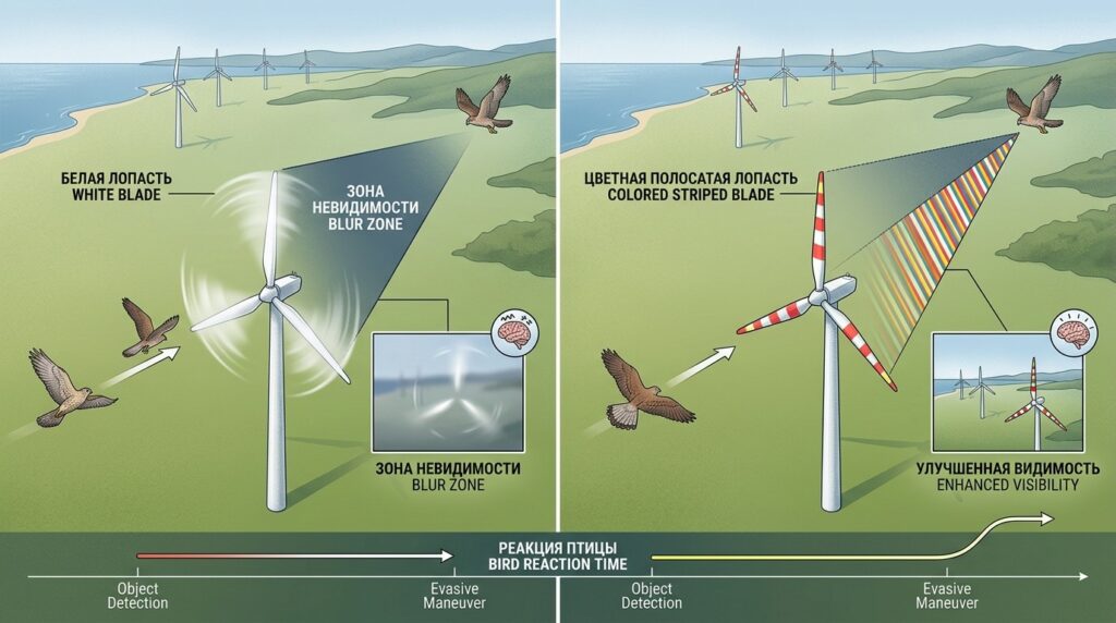 Diagram: white blades blend with the sky, while striped ones remain visible